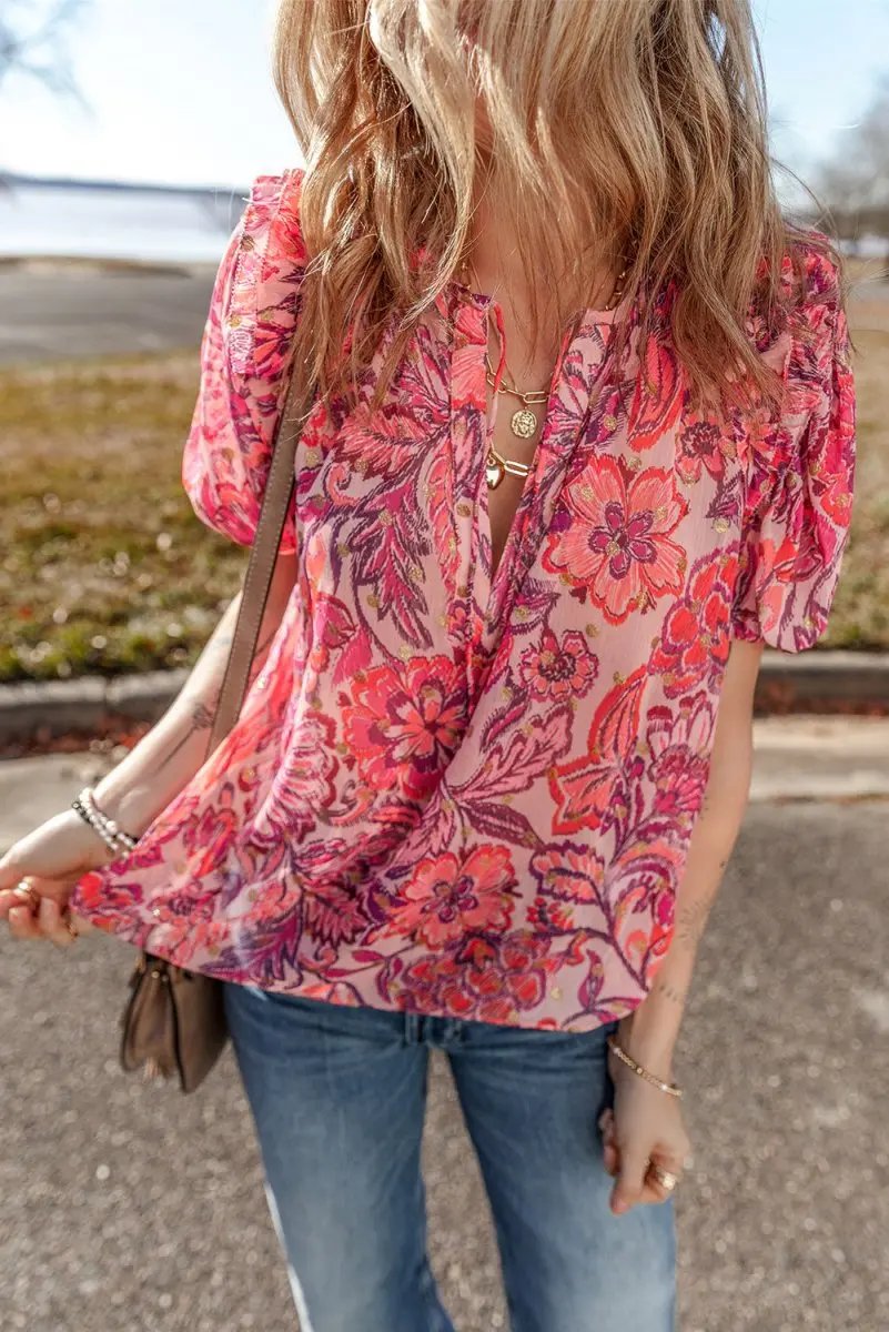Red Floral Print Ruffled Puff Short Sleeve Blouse for Women - Love Salve